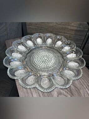 Vintage Hobnail Deviled 15 Egg Plate Clear Glass Relish Tray/platter EUC 11.5”